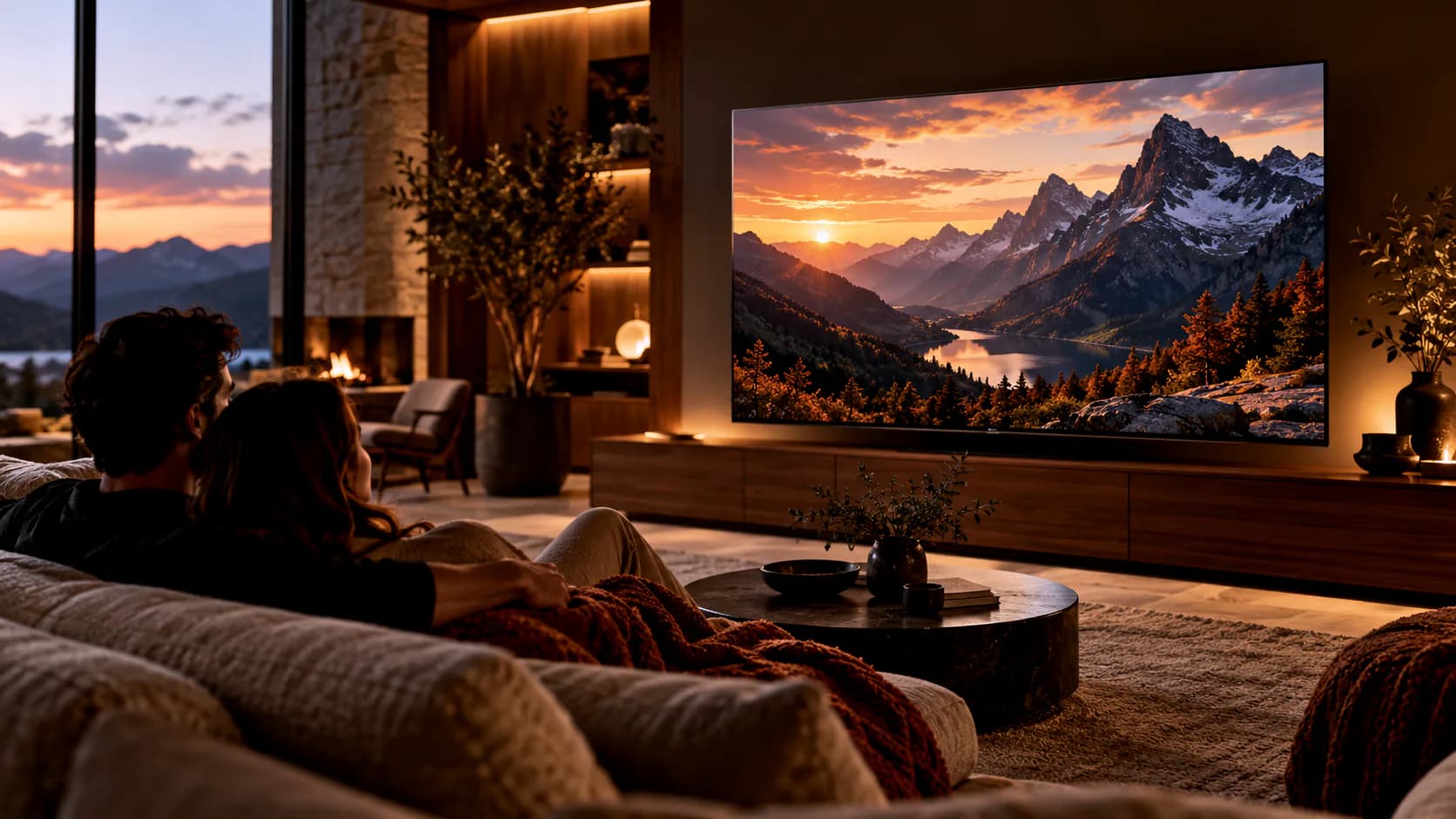 Thin smart TV with a mountain scene on screen in a cozy lounge